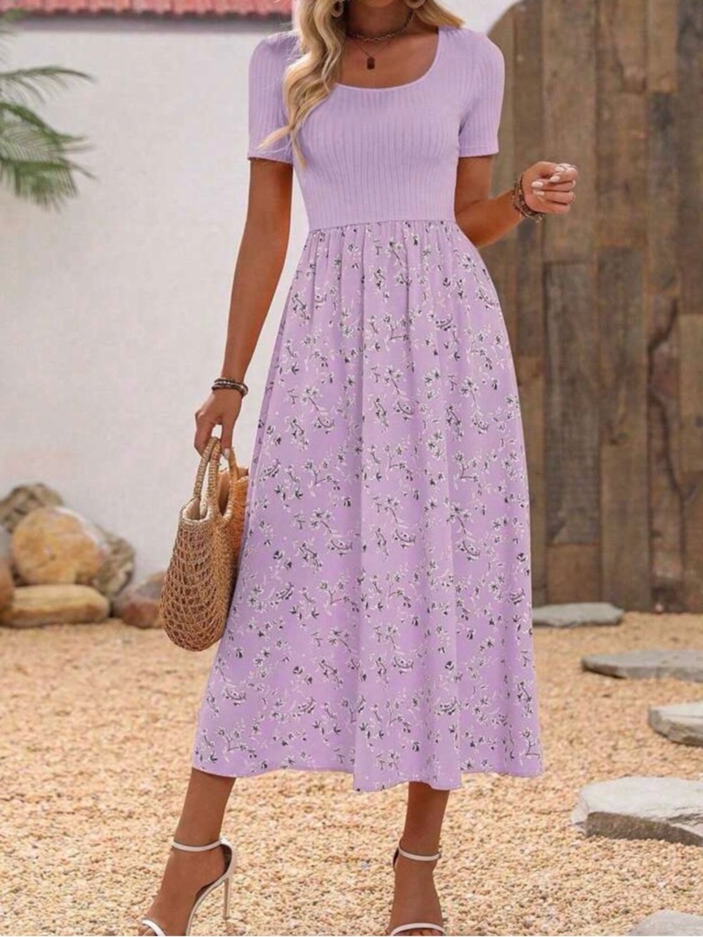 Lavender Floral Short-Sleeve Maxi Dress